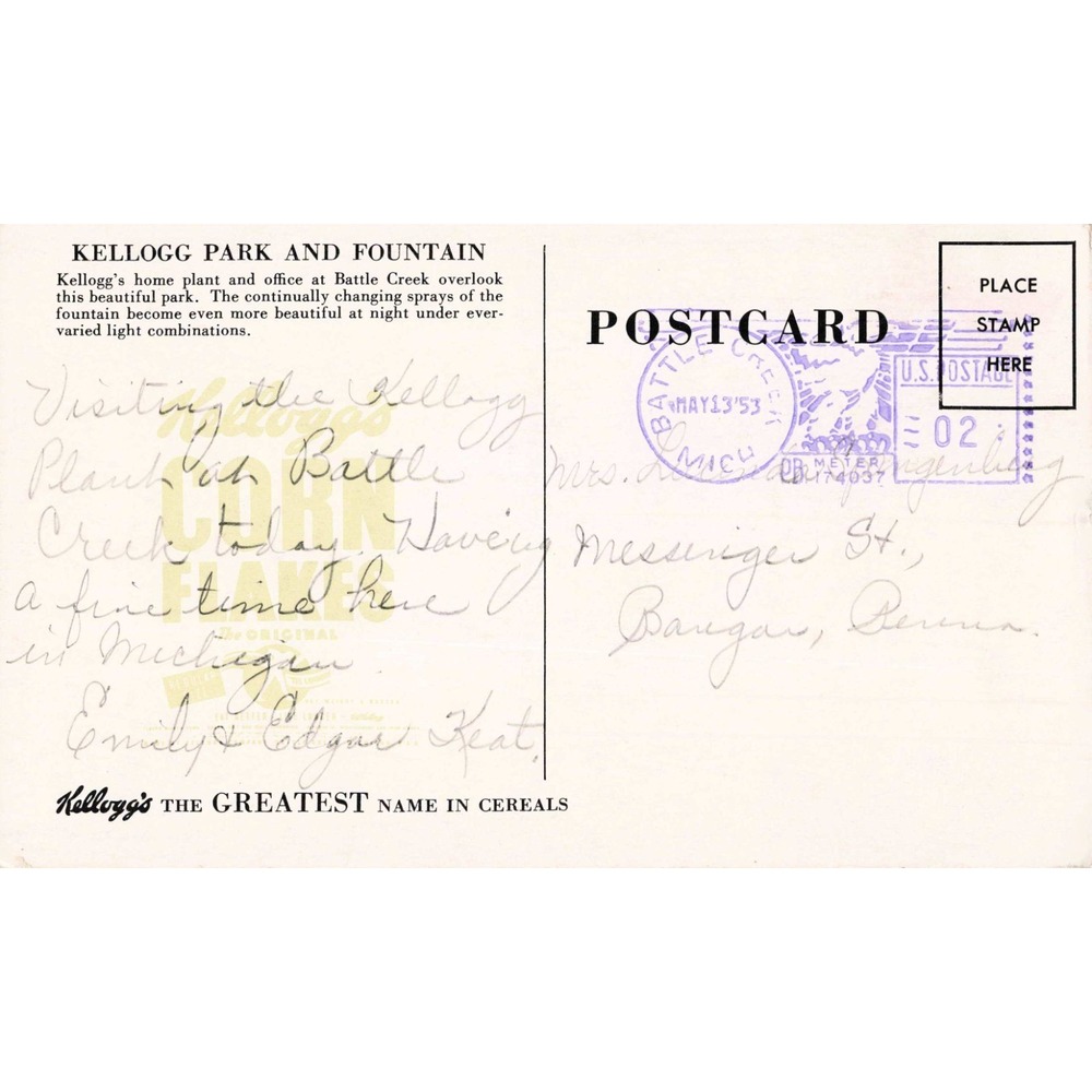 Vintage Kellogg Park and Fountain Battle Creek Michigan Postcard 1953 Postmark - Picture 2 of 2
